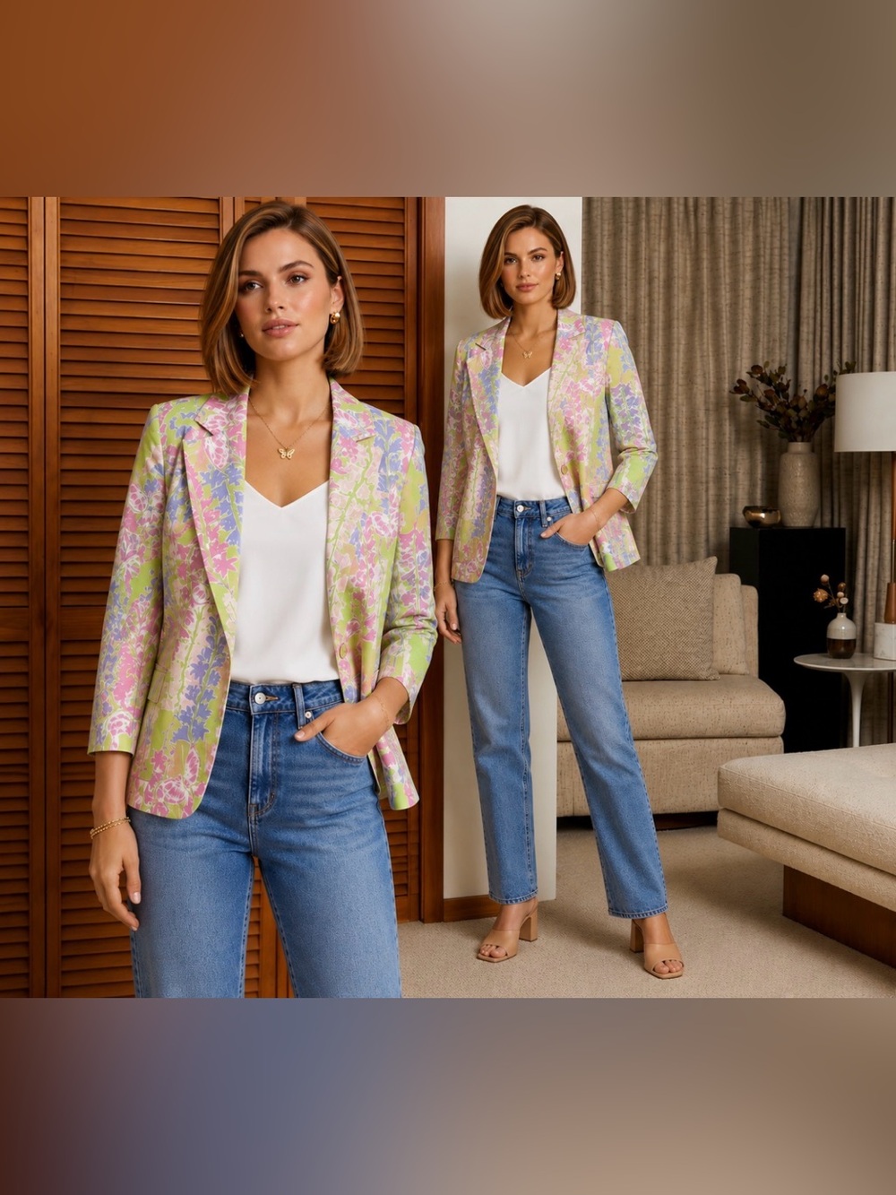 Bamboo Traders Pastel Floral Butterfly Blazer Resort Coastal Jacket M